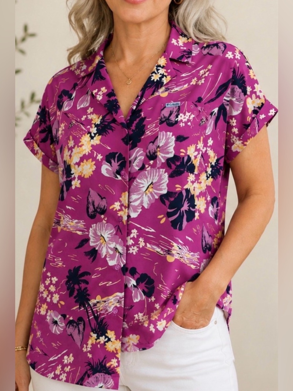Columbia PFG Tropical Floral Hawaiian Fishing Shirt Magenta Purple, M